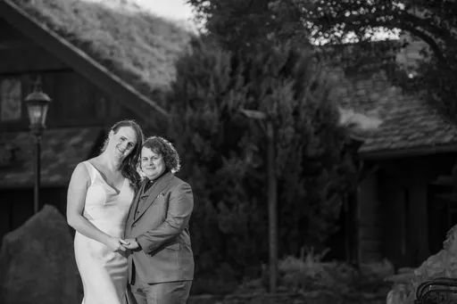 A black and white photo of Alexis and Christian